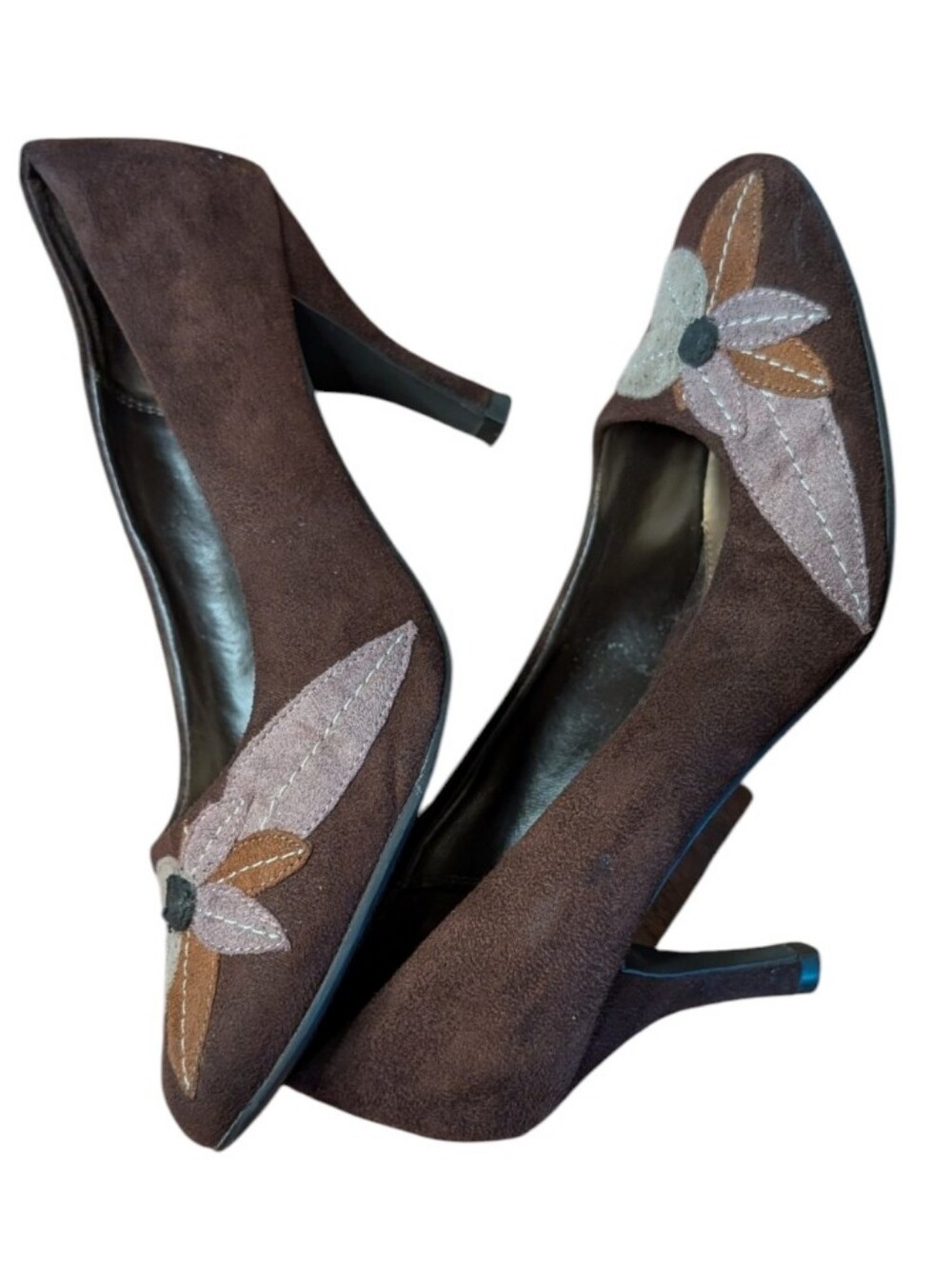Vintage Highlights Brown Suede Pumps Pointed Toe Floral Applique Heels Size 9